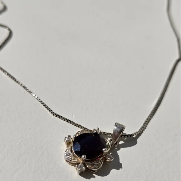 Vintage 925 Sterling Silver Box Chain 15.5” Necklace & JC Red CZ Stone Pendant - Picture 2 of 3